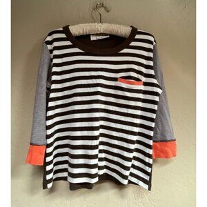 Debra C Beverly Hills Pima Cotton Striped 3/4 Sleeve Top Pocket Brown Medium